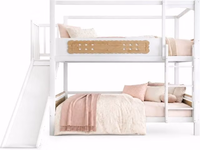 Letto a castello per bambini 90x200 cm con scivolo e scala in legno; bianco naturale