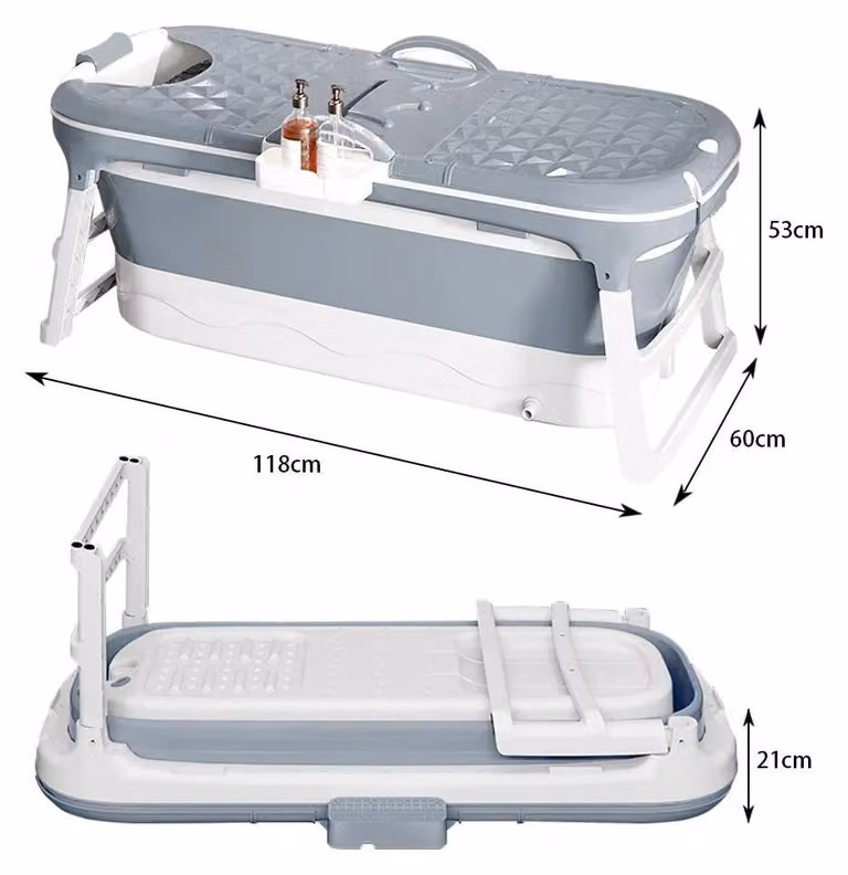 Vasca da bagno pieghevole per adulti - Vasca da bagno portatile da 118 cm - Con coperchio - Con portabagno - Adatta per bagno, doccia e balcone - Grigia