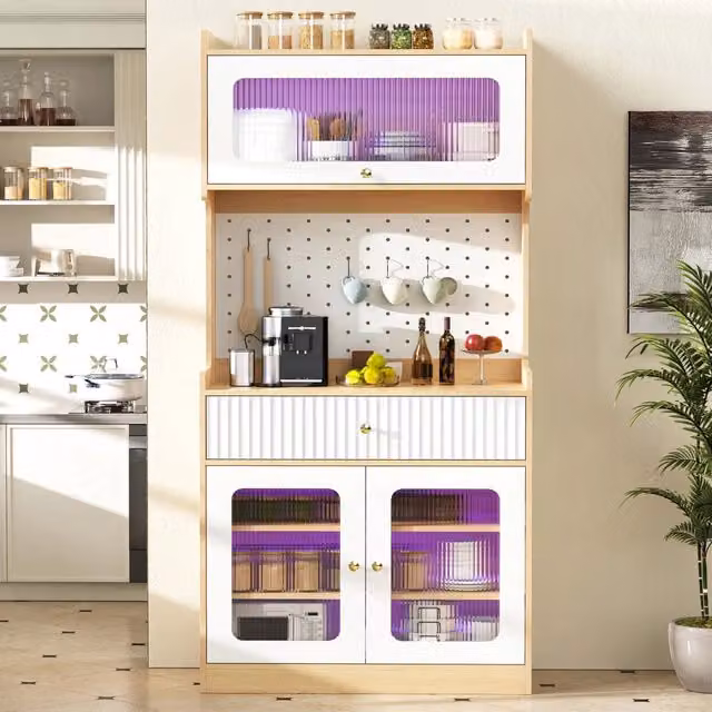 Mobile Alto con Ripiani, Cassetti e LED ¨C Xylo ¨C Legno Naturale con Vetro Scanalato