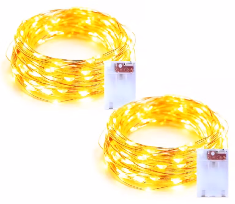 Set di 2 catene luminose a LED, lunghezza 5 metri, 50 LED, luce bianco caldo, alimentazione a batteria