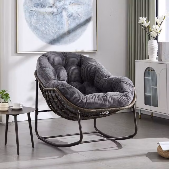 Sedia a dondolo in rattan sintetico con struttura in acciaio e design ergonomico grigio 78 × 106 × 90 cm