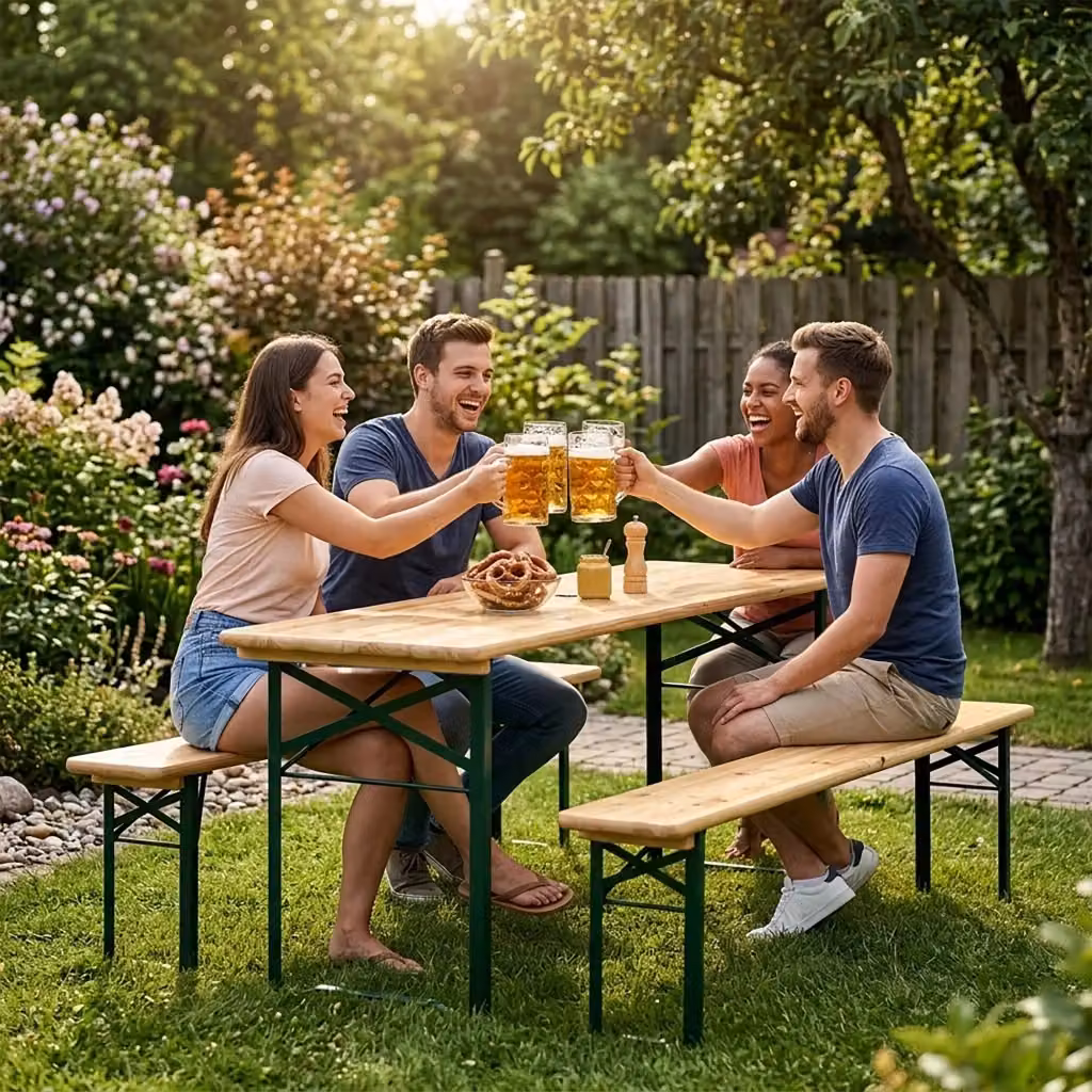 Set Birreria XL da 8 Posti con Tavolo e 2 Panche Pieghevoli in Legno di Abete e Acciaio, Colore Marrone, L: 200 cm, P: 70 cm – 2