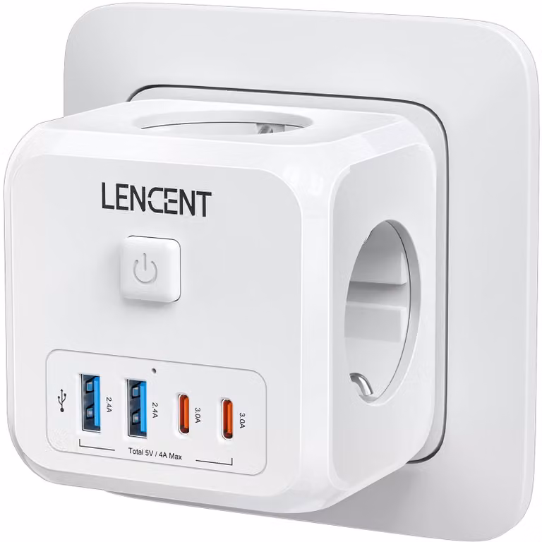 Multipresa cubo 7 in 1 - 3 prese - 2 USB - 2 USB-C - 4000 W - Bianco