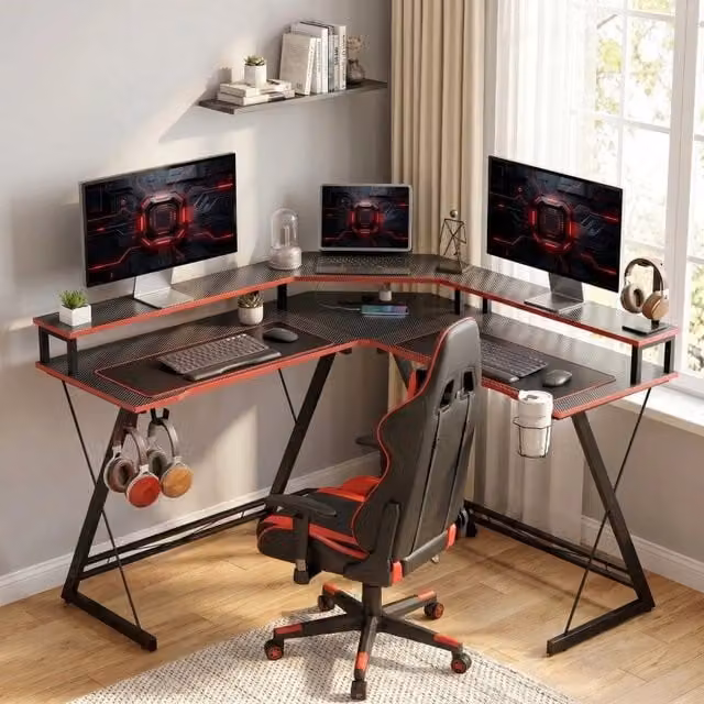 Scrivania angolare REDOM nera con supporto monitor in stile moderno L/P: 128 x 128 cm