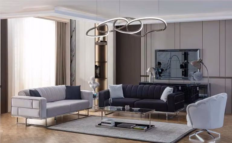 Graue Wohnzimmer Couchen Designer Polster Dreisitzer Textil Sessel 3tlg