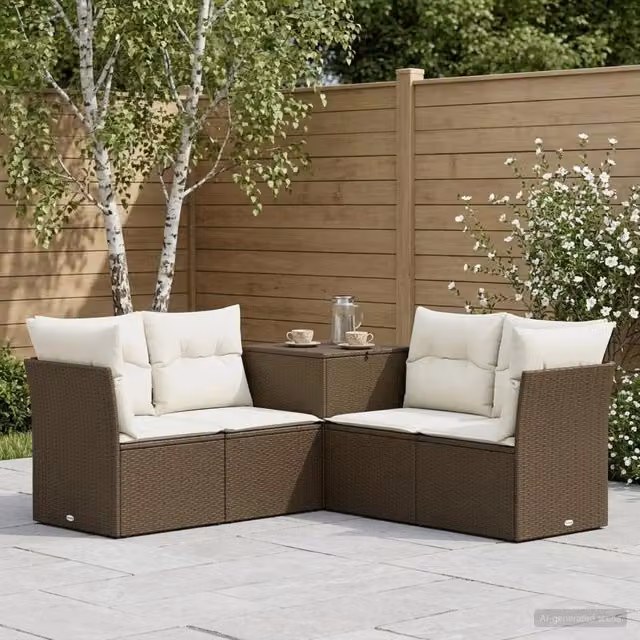 Set di divani da giardino a L vidaXL in polyrattan marrone e bianco con cuscini inclusi