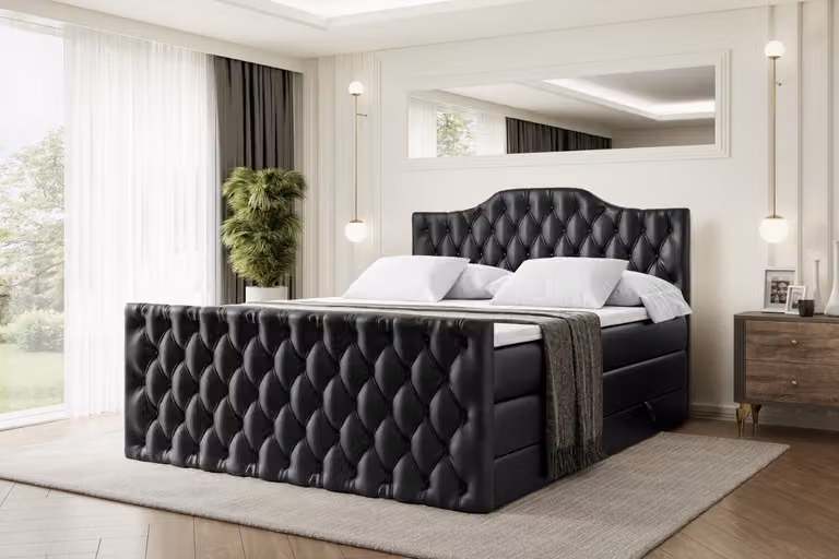 Letto boxspring ALTDECOR con pediera, 2 materassi e topper - 120x200 cm - VILA-1-Z KING - Pelle finta nera - Letto imbottito con materassi H3 e H4, contenitore e rete a doghe, letto con spazio contenitivo