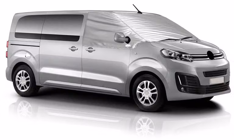 Copertura parasole per parabrezza, compatibile con Citroen Jumpy, Opel Vivaro, Fiat Scudo, realizzata in tessuto 600D di alta qualità, colore argento