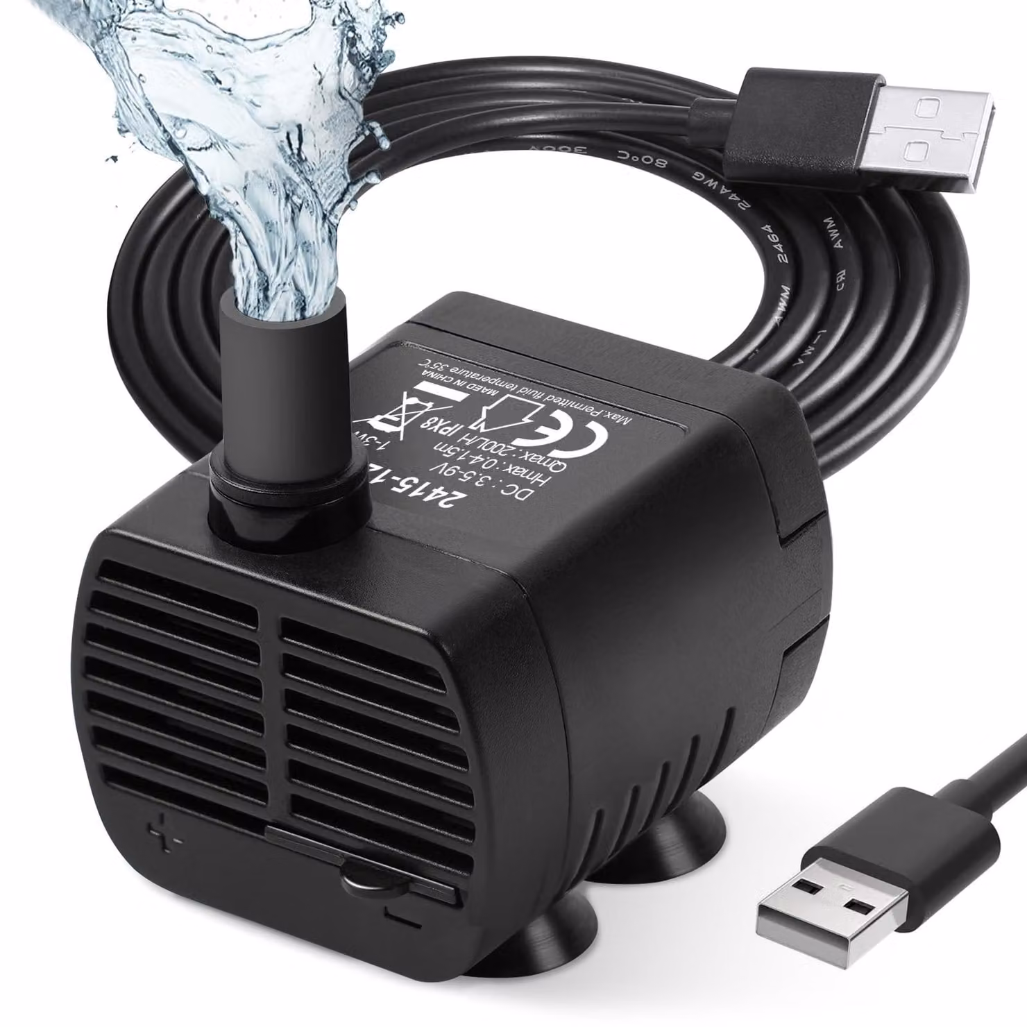 Pompa sommergibile - Pompa per acquario - 3 W - 200 l/h - USB - Silenziosa - 4 ventose