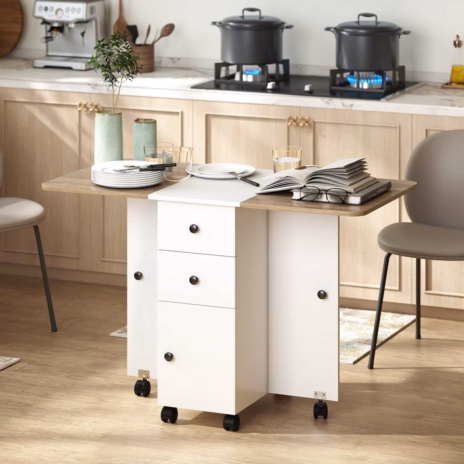 Tavolo pieghevole HOMCOM con 2 cassetti, armadietto e 6 rotelle con freni, Bianco e Rovere, L: 120 cm, P: 60 cm, H: 76.5 cm – 2