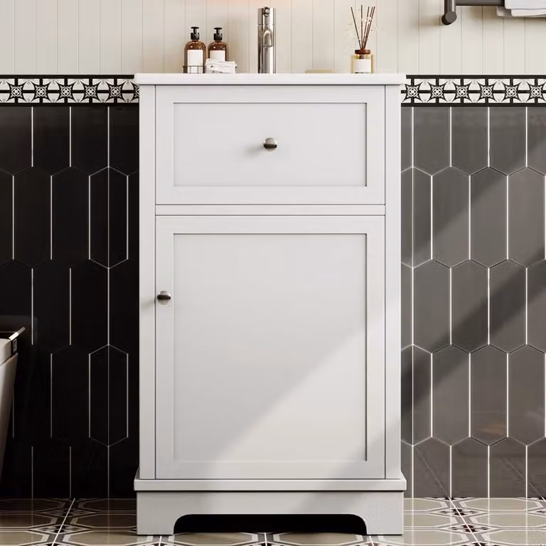 Mobile bagno moderno bianco con lavabo integrato, 1 cassetto e vano con ripiano regolabile e ante, L: 51 cm, P: 46 cm, H: 87 cm