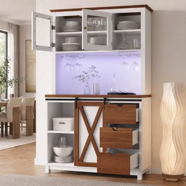 Armadio alto da cucina REDOM bianco con ante in vetro, illuminazione integrata e ripiani interni, L: 104 cm, P: 40 cm, H: 180 cm