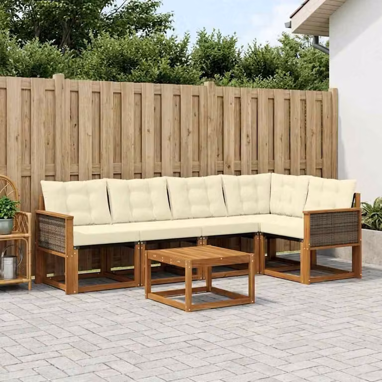 Set di divani da esterno vidaXL a forma di L composto da 6 pezzi in legno di acacia con cuscini beige e crema e tavolino da caffè coordinato