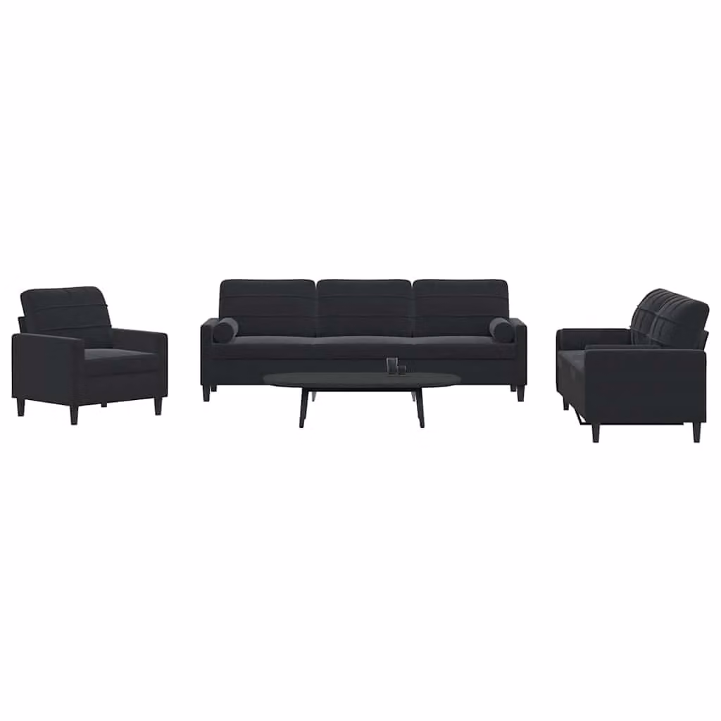 Set di divani 3 pezzi vidaXL in velluto nero con cuscini e struttura in metallo per soggiorno – 1