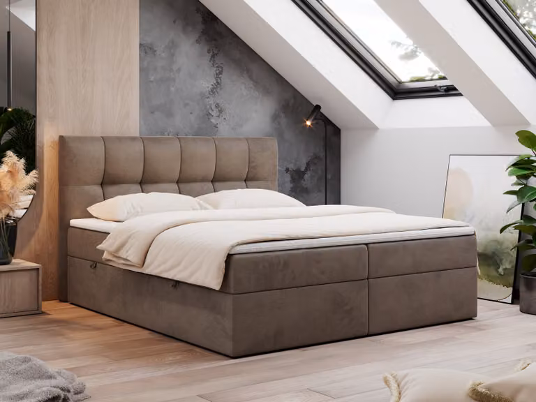 Letto con rete a molle 200x200 con contenitore, letto con sistema a molle insacchettate - materasso H4 e topper, letto imbottito 200x200 con contenitore e testiera, letto con rete a molle e materasso H4 - RICO - 200x200 - Marrone - Velluto - H4