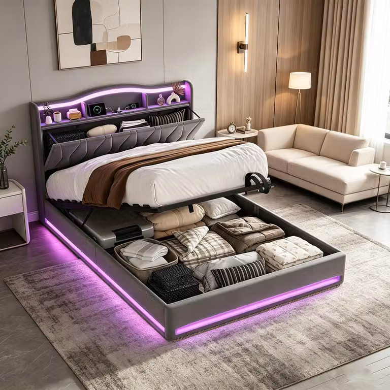 Letto imbottito INONEFT, 160x200 cm, con LED e USB, meccanismo di sollevamento idraulico, contenitore, design classico, struttura in velluto, colore grigio