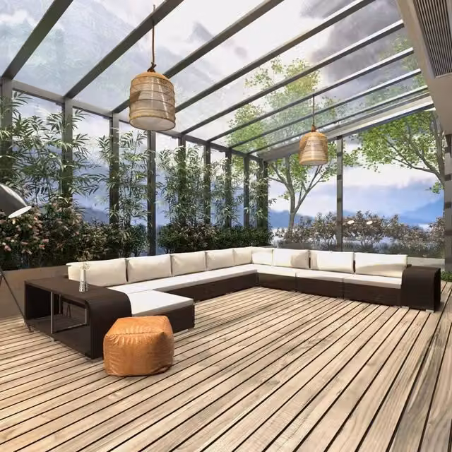 Set di Divani da Giardino a L vidaXL in Polyrattan Marrone e Bianco con Cuscini e Tavolino da Esterno – 1