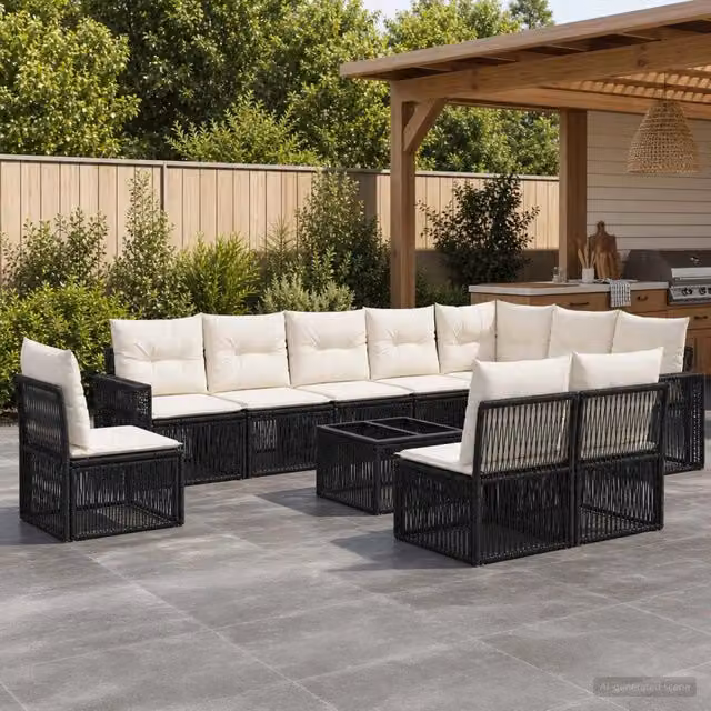 Set Divano da Giardino 11 Pezzi vidaXL in Polyrattan con Tavolino e Cuscini, Colore Nero e Bianco Crema – 1