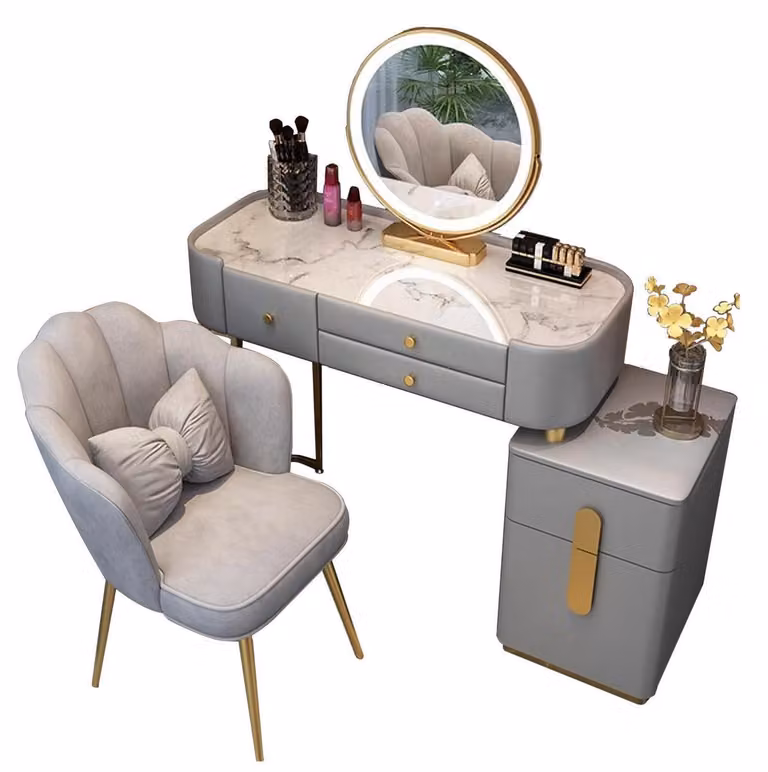 Comò da trucco con specchio a LED e sedia, tavolino da trucco con 5 cassetti, piano in pietra sinterizzata, colore grigio, 80 cm