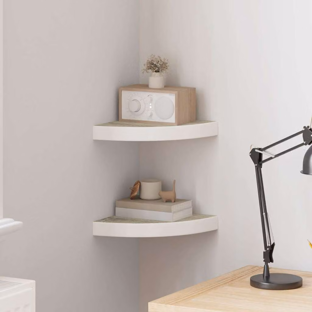 Set di 2 mensole angolari vidaXL in MDF, colore rovere e bianco, L/P/H: 25 x 25 x 3,8 cm