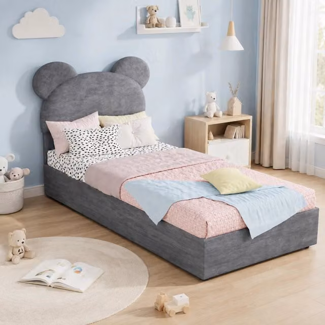 Letto imbottito 90x200 cm con contenitore a sollevamento pneumatico; tessuto e metallo; grigio