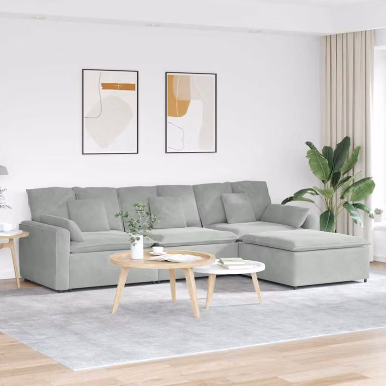 vidaXL Divano Modulare a L in Velluto Grigio con Cuscini e Struttura in Metallo e Legno
