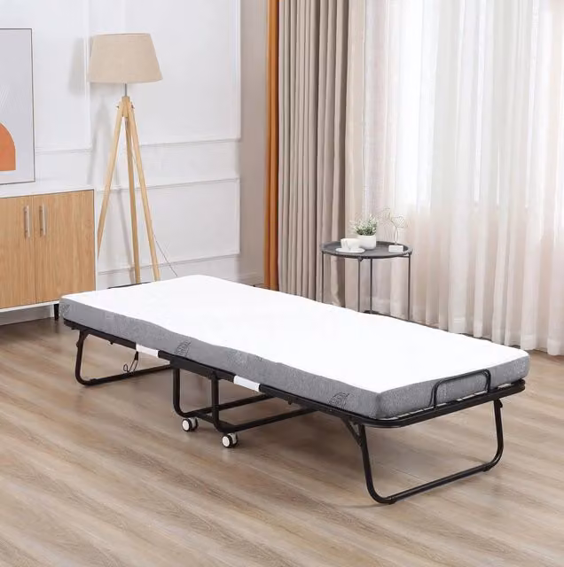 Letto pieghevole singolo con materasso in schiuma e ruote; acciaio bianco 200x80 cm