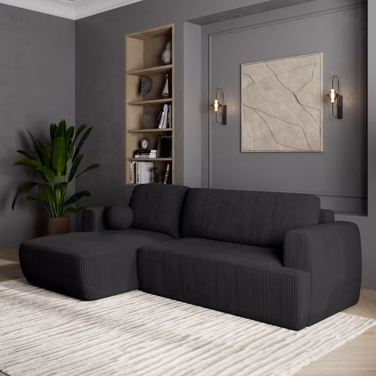 Divano angolare Masseno SENTI P L-S con funzione letto a L, divano con box letto, divano da soggiorno, divano, divano letto, set di divani - nero, POSO 135
