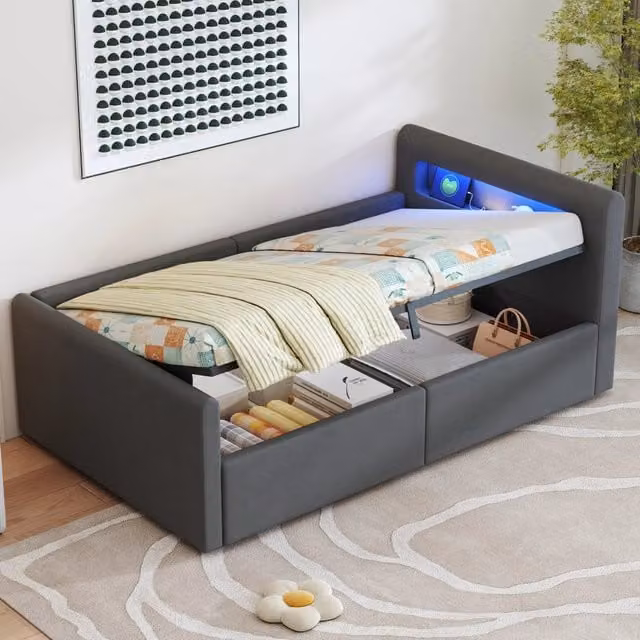 Letto singolo per bambini OKWISH in tessuto grigio con illuminazione LED, porta USB e contenitore idraulico, L/P/H: 90 x 200 x 36 cm