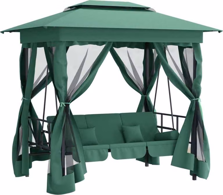 Gazebo con Panca a Dondolo Convertibile Verde Tessuto e Acciaio