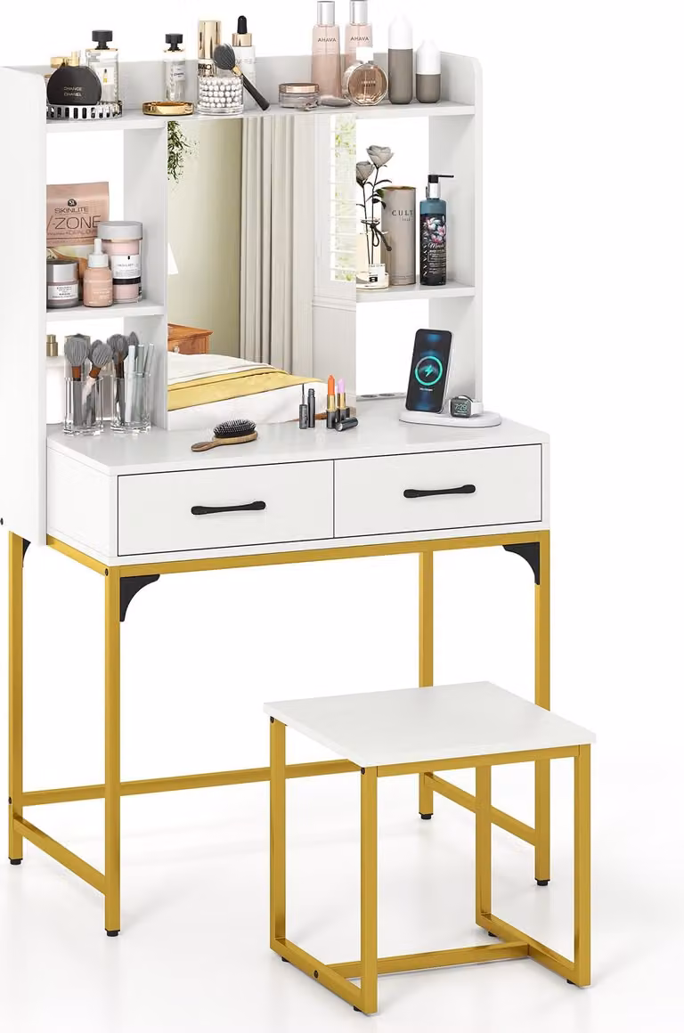 Set tavolo da trucco COSTWAY con sgabello e specchio, tavolo cosmetico con stazione di ricarica, cassetti, scaffali aperti e armadietto a specchio, scrivania bianca