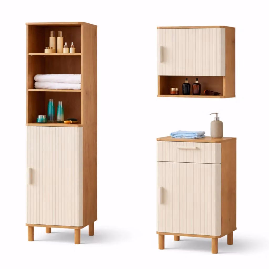 Set da bagno 3 pezzi en.casa Ferrersp in stile moderno colore beige avena con mobile lavabo, mobile pensile e colonna – 2
