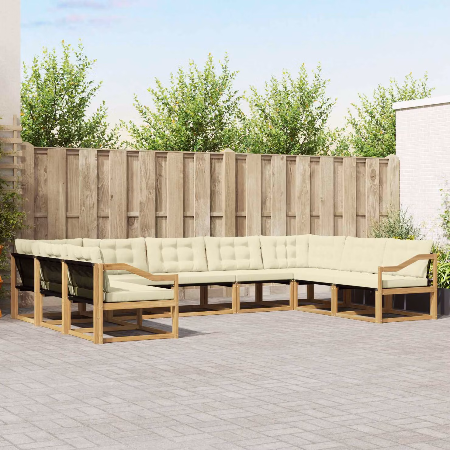 vidaXL Set di divani da esterno moderno a L composto da 9 pezzi in legno di acacia e tessuto textilene, colori bianco, beige e marrone