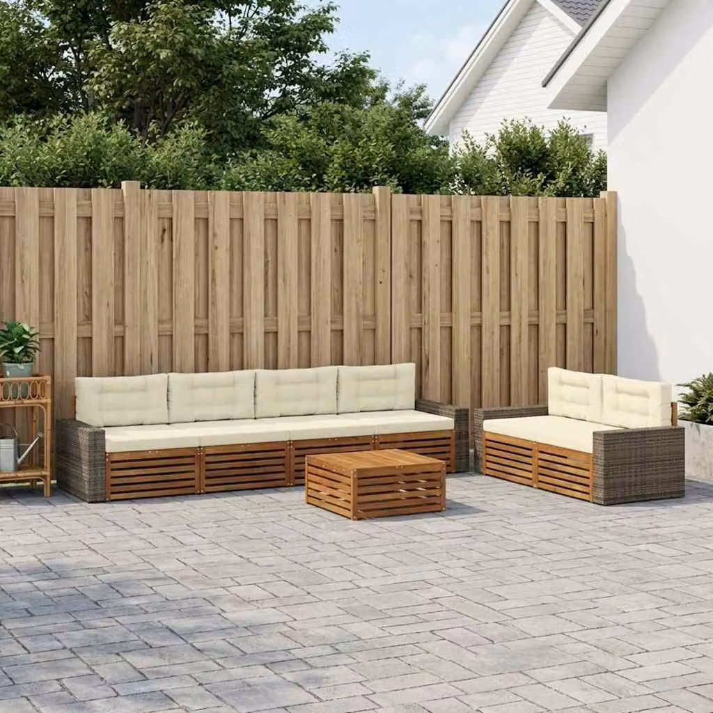Set di divani da esterno vidaXL 7 pezzi in legno di acacia con cuscini beige e bianco e tavolino da caffè coordinato
