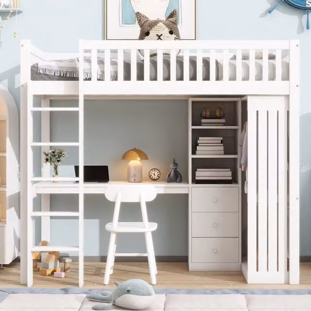 Letto a soppalco Chicfurn in legno e MDF bianco con scrivania, armadio, 3 cassetti, ripiani aperti e scala, dimensioni 90 x 200 cm