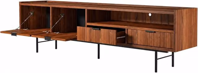 Mobile Porta TV Con 2 Ante A Ribalta 2 Cassetti Vano A Giorno Con Passacavo Design Moderno In Melaminico Per Soggiorno Salotto Zona Living 200 X 40 X 55 Cm Noce