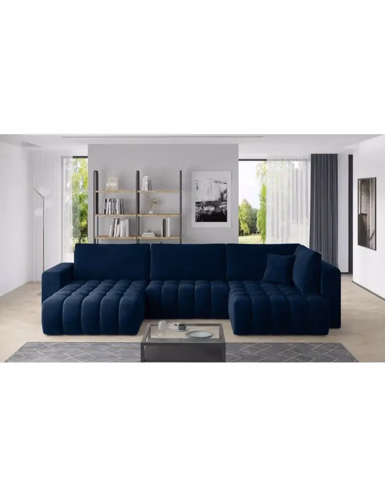 Divano ad angolo BONITA MEUBLORAMA convertibile 6 posti blu notte effetto velluto con funzione letto e poggiatesta regolabile, lato sinistro, L/P/H: 350 x 175 x 92 cm – 2