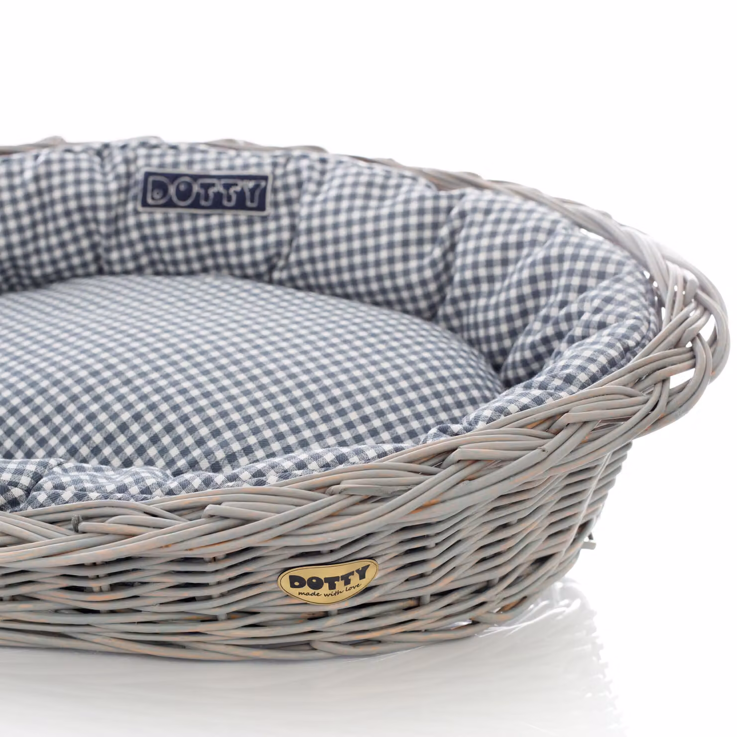 Cesto di vimini grigio dipinto a mano con cuccia in cotone - Blu navy a quadri - Lavabile e morbido - DOTTY