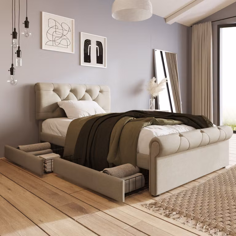 Letto imbottito Merax 90x200cm con cassetti e testata regolabile in altezza, letto singolo funzionale Struttura del letto in legno massiccio, natura