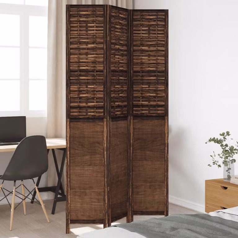 Divisorio Ambienti vidaXL con 3 Pannelli in Legno e Rattan Marrone Scuro