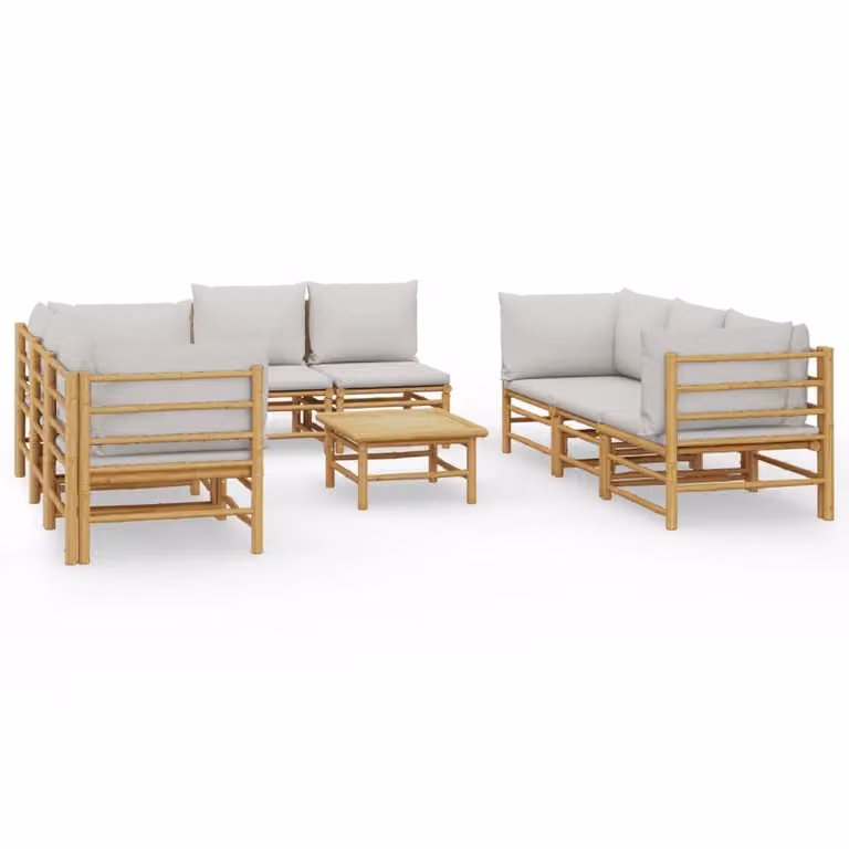 Set Salotto da Giardino 9pz con Cuscini Grigio Chiaro Bambù