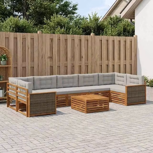 Set di divani da esterno vidaXL a forma di U composto da 8 pezzi con tavolino da caffè, in legno di acacia e tessuto beige e grigio – 1