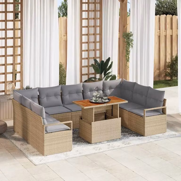 Set Divano da Giardino vidaXL a 9 posti con Tavolino, Colore Beige e Grigio