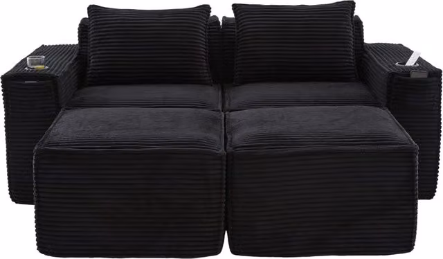Divano modulare 2 posti in tessuto vellutato con 2 pouf, portabicchieri e tasche laterali, imbottitura in schiuma ad alta densità e molle