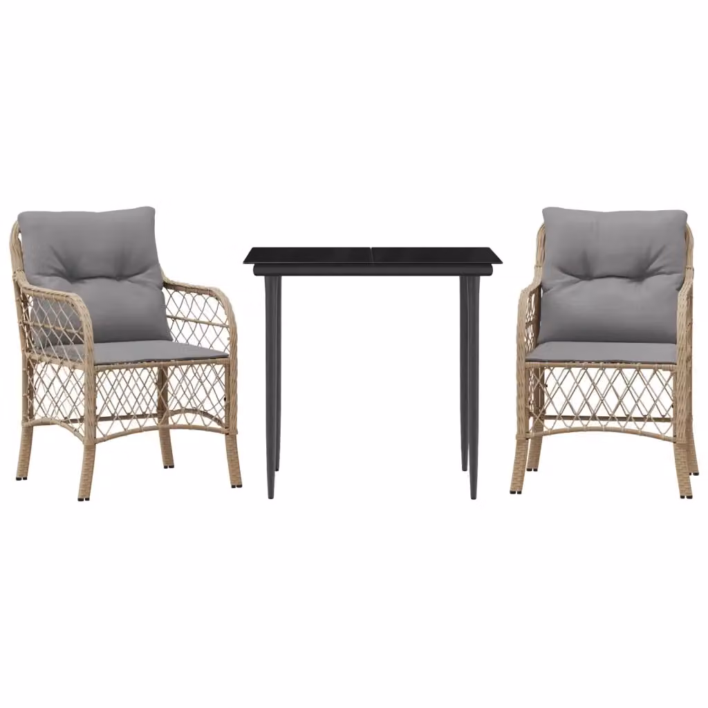 Set da Bistrò vidaXL 3 pz in Polyrattan con Cuscini Beige Misto e Tavolo in Vetro per Giardino e Balcone – 2