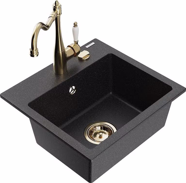 Mexen Milo lavello in granito 1-vasca con rubinetto da cucina Carla, nero/argento metallizzato - 6505-73-670700-50