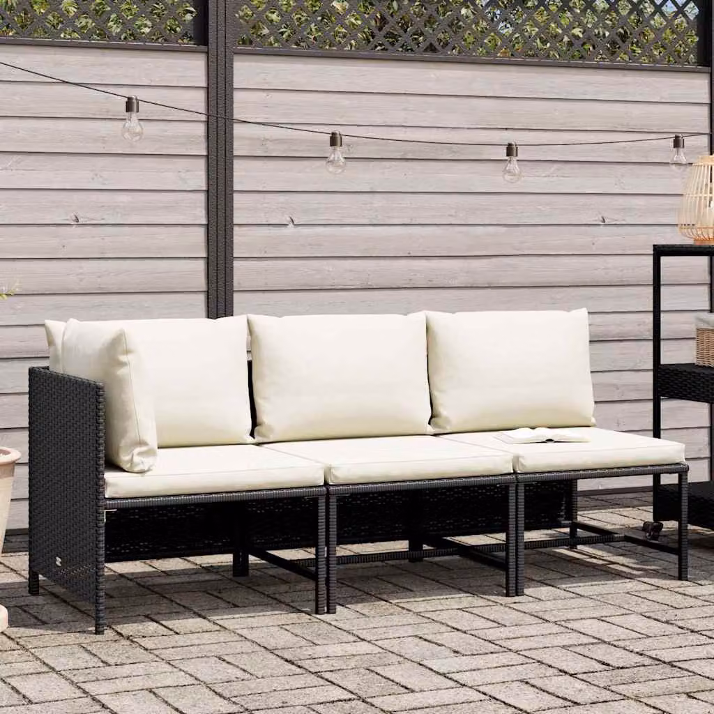 vidaXL Set Divani da Giardino 3 pz con Cuscini in Polyrattan Nero