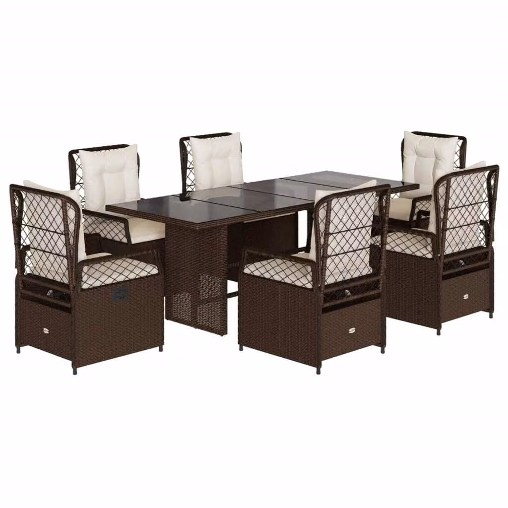 Set da Pranzo da Giardino 7pz con Cuscini in Polyrattan Marrone