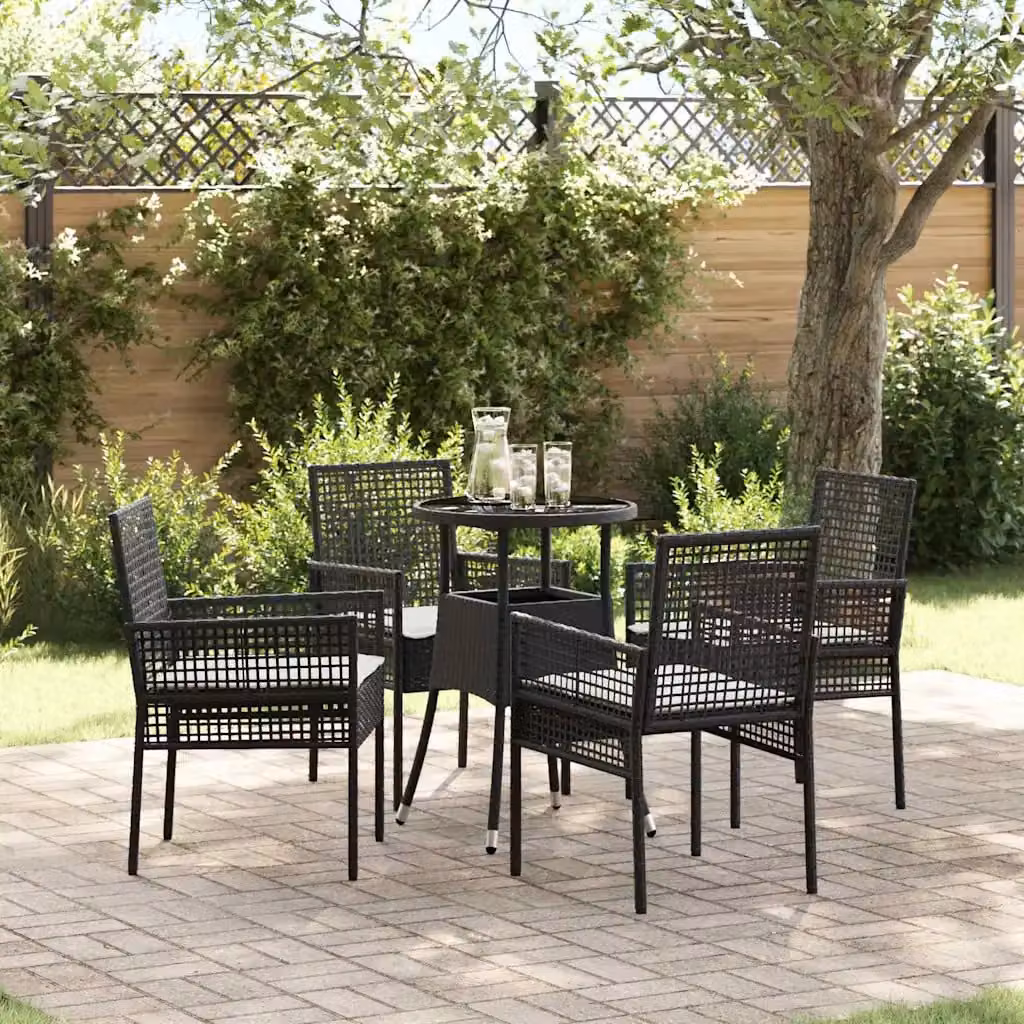 Set da pranzo per giardino e terrazzo vidaXL in polyrattan nero con tavolo rotondo in vetro, 5 pezzi