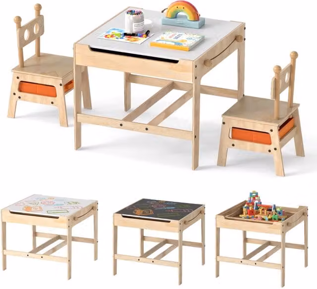 Set tavolo e sedie per bambini in legno con lavagna reversibile bianca e nera e mobiletto integrato